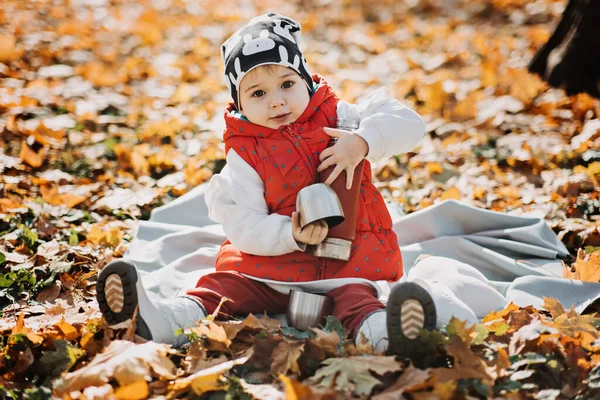 Happy Little Toddler Baby Daughter Red Thermos Cup Autumn Picnic —  Fotos de Stock