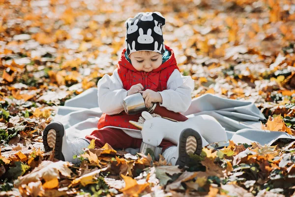 Little Cute Girl Drinks Tea Thermos Autumn Park Cute Little —  Fotos de Stock