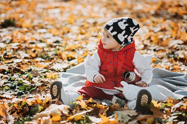 Little Cute Girl Drinks Tea Thermos Autumn Park Cute Little —  Fotos de Stock
