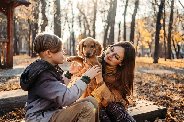 Pet Care Advice Autumn Happy Family Mother Teen Boy Son — Fotografia de Stock