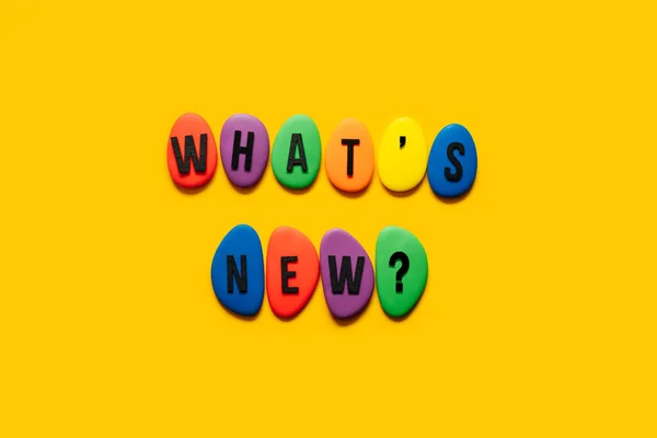 New trend, forecasting, process of researching and formulating predictions on consumers future buying habits, Whats new in business. Text Whats new from color blocks on yellow background