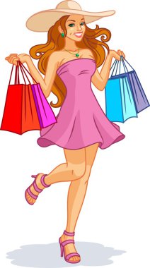 güzel çizgi film kız alışveriş torbaları ile gösteren resim