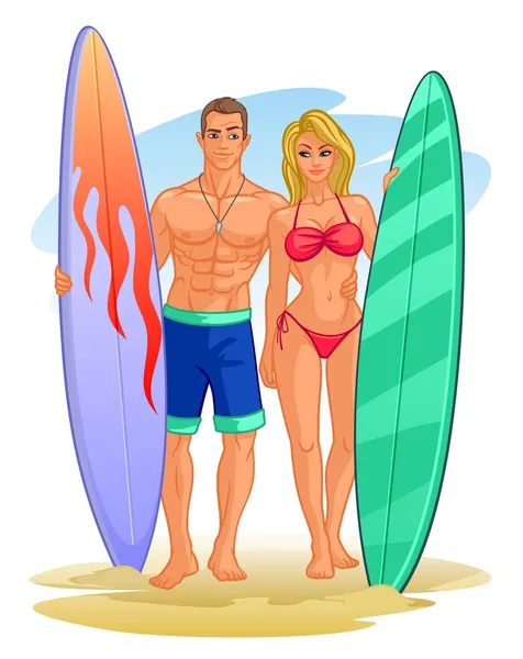 Illustration eines Surferpaares mit einem Surfbrett — Stockvektor