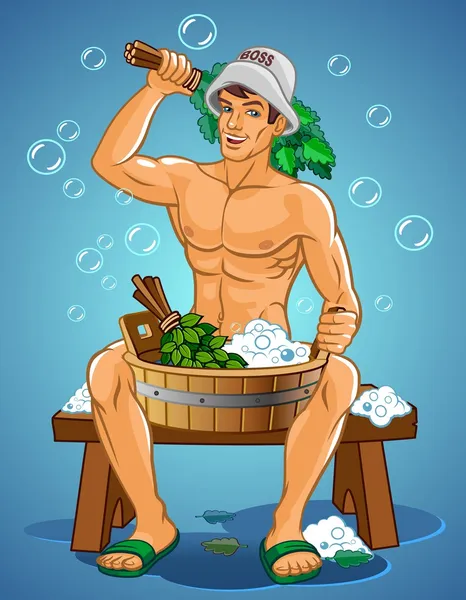 Ilustração vetorial do homem sentado em um banho de vapor — Vetor de Stock