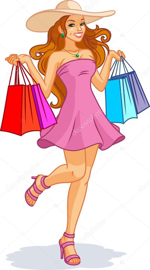 illustration of a beautiful cartoon girl with shopping bags