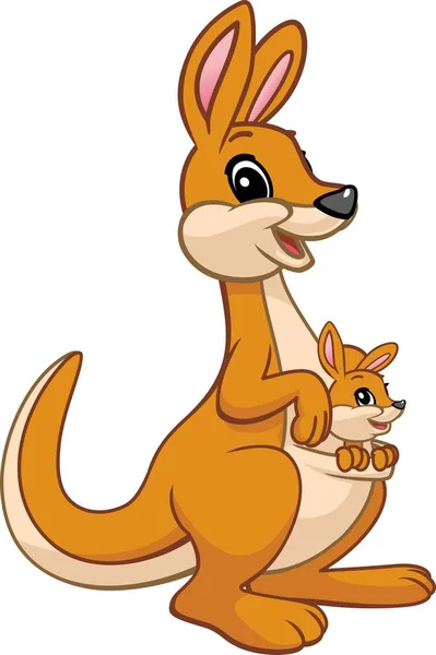 Cartoon Happy Mother Kangaroo Her Little Cute Baby Kangaroo Animals — Stock Vector