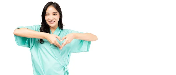 Happy Young Woman Showing Heart Two Hands Love Sign Cardiology — Zdjęcie stockowe