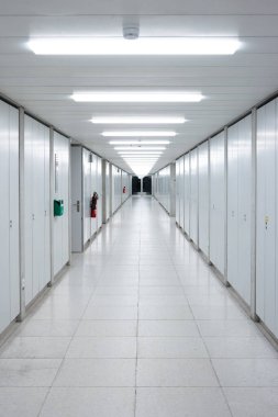 Uzun ve boş bir iç koridor. Kaybolan perspektif, parlak neon ışıklar, dikey dolaplar yan duvarda. Yeraltında, insan yok..