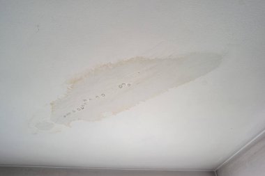 Leaky roof dampness in bedroom ceiling walls. Water droplets forming and dripping from damp ceiling from rain water flooding. Close shot, no people.