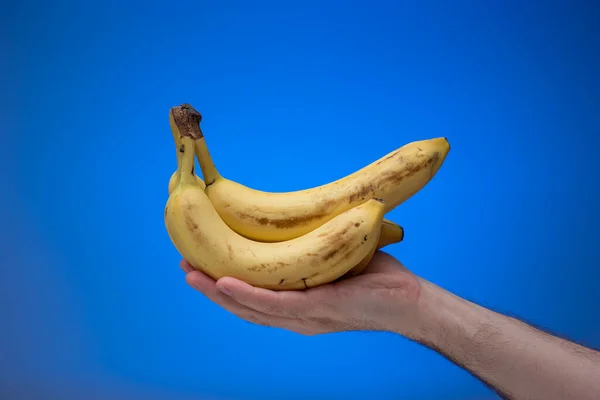 Bananas Amarelas Maduras Mantidas Mão Por Homens Caucasianos Fechar Estúdio — Fotografia de Stock