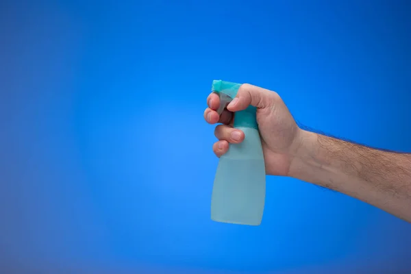 Light Blue Water Sprayer Bottle Nozzle Held Male Hand Close — Stock Photo, Image