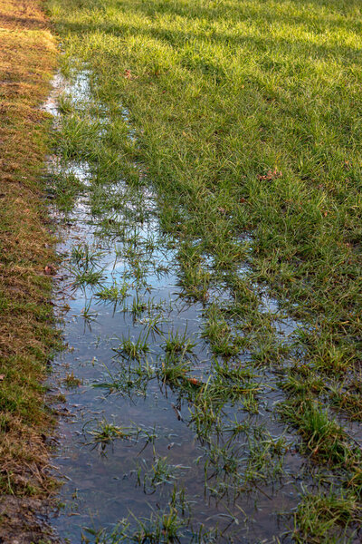 Вода затопила сельскохозяйственные поля после сильного дождя. Днем, солнечным светом, без людей.