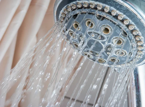 Water Streaming Out Silver Shower Head Bathroom Low Angle Close — Stock Photo, Image