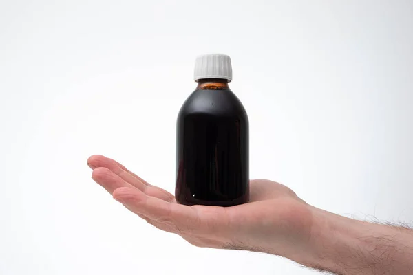 Fehér Kupakkal Ellátott Sötét Üvegből Készült Gyógyszeres Palack Melyet Fehér — Stock Fotó