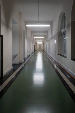 ETH Üniversitesi Zürih, İsviçre. Güzel mimarisi, taş kemerleri ve anketleri olan iç aydınlık koridor koridoru...