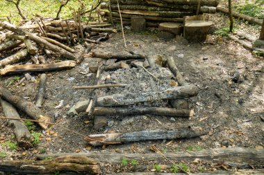 Avrupa 'da bir ormanda boş bir piknik yeri. Şömine kömürleşmiş ahşap, kütüklerden yapılmış oturma alanları, geniş açılı çekim, insan yok.
