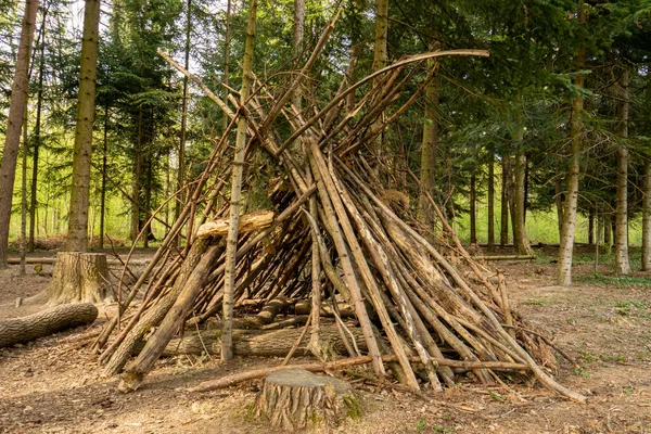 Man Made Wooden Stick Teepee Hut Forest Close Wide Angle — Foto de Stock