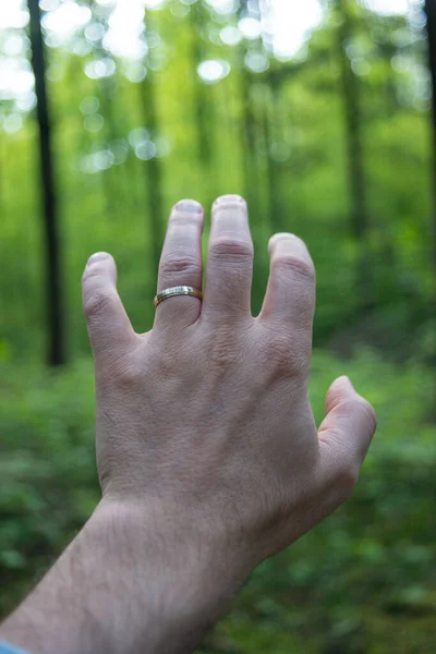Opened Caucasian Male Hand Wedding Ring Reaching Out Gesture Green — Stock Photo, Image