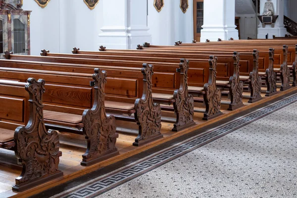 Empty Wooden Church Pews People — Stock Photo, Image