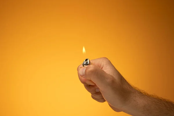 Lit Cigarette Lighter Flame Held Hand Caucasian Male Hand Close — Stock Photo, Image