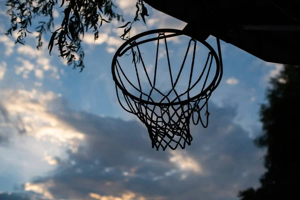 Basketball ring or hoop in a yard. Low angle shot, blue summer sky in the background, no people.