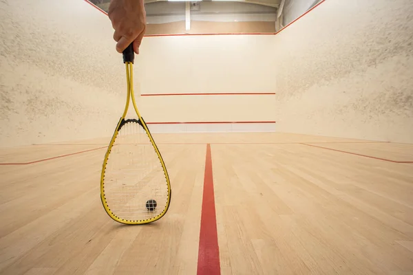 Male Hand Holding Racket Squash Court Low Angle Unrecognizable Person — Stock Photo, Image
