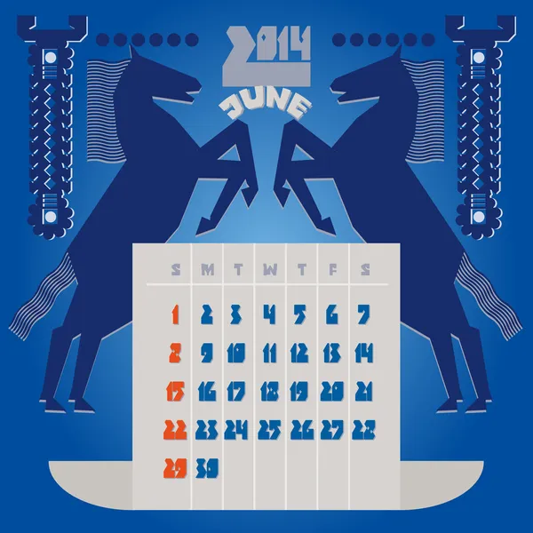 Sjabloon voor een kalender. een kalender 2014.june. — Stockvector