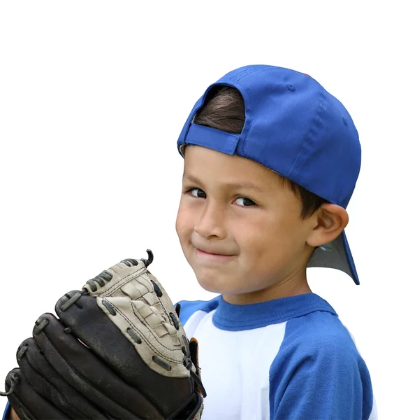 Niño de béisbol hispano con ropa y guante azul y blanco es Imagen de archivo