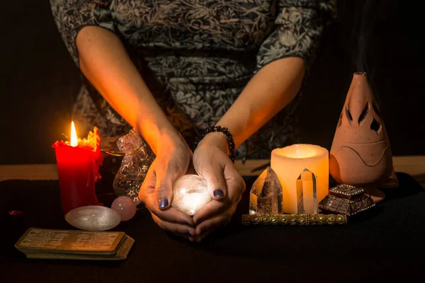 Detail Woman Hands Crystal Ball Look Future Concept Divination Session — Stock Photo, Image