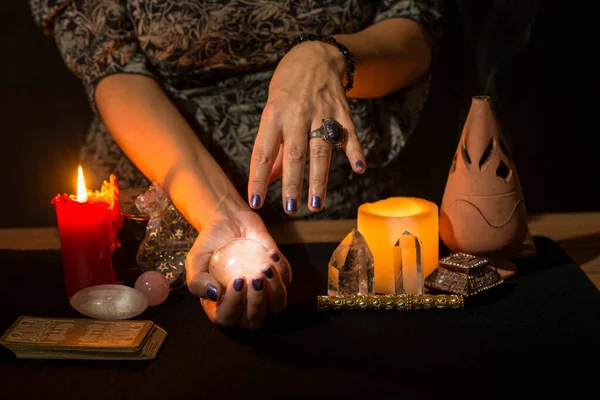 Detail Woman Hands Crystal Ball Look Future Concept Divination Session — Stock Photo, Image