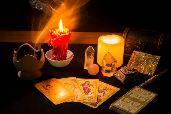 Still Life Tarot Cards Candles Incense Other Objects Black Card — Stock Photo, Image