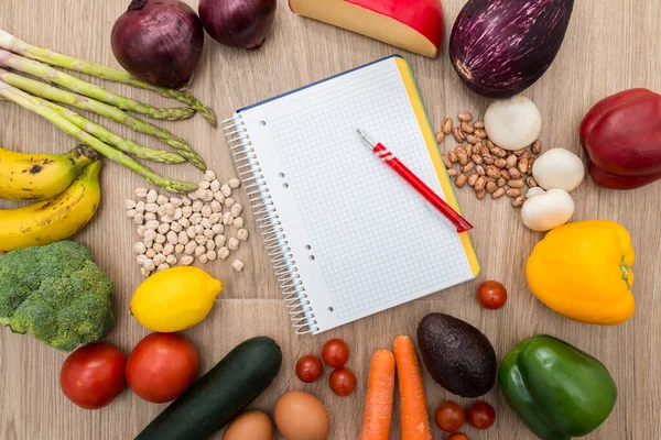 Gesundes Essen Rund Ein Notizbuch Mit Holzgrund Konzeptionelles Bild Einer — Stockfoto