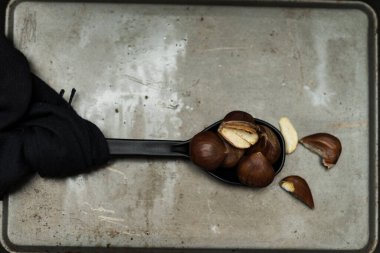 Gri metal tepside kestane kepçesiyle hayat.