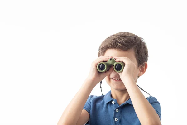 Caucasian Child Blue Shirt Looking Out Camera Binoculars Smiling Expression — Stock Photo, Image