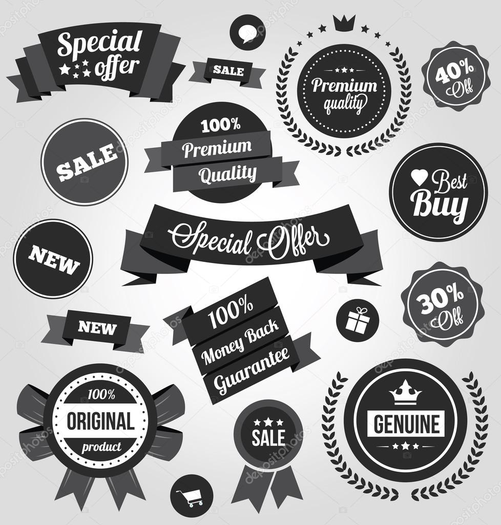 Black and White Vector Stickers Labels and Badges Set