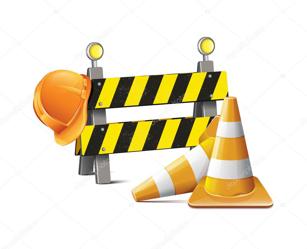 Road Barrier With Hard Hat And Traffic Cone