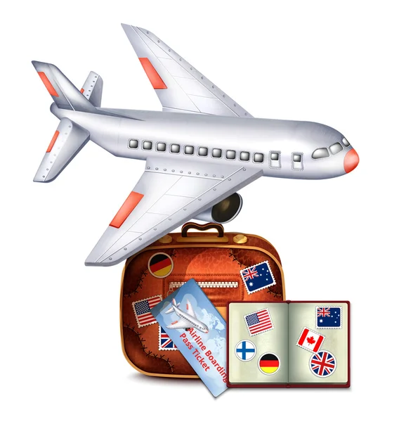 Pasaporte y tarjeta de embarque para aerolíneas Billete y equipaje — Archivo Imágenes Vectoriales