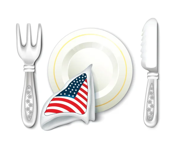 미국 국기와 함께 접시 포크 나이프 — 스톡 벡터
