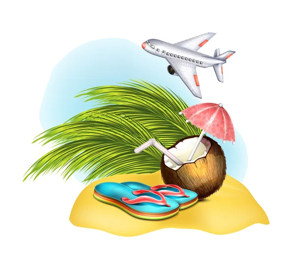 Flip Flop, coconut on sand — Stock Vector