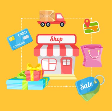 Online alışveriş ve e-ticaret konsept illüstrasyon vektör