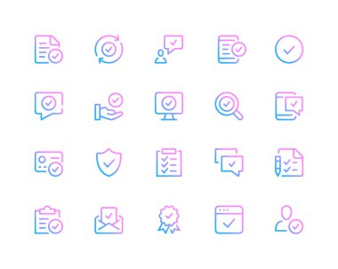 İşaret çizgisi simgelerini kontrol et. Kavramları onaylayın, piktogramları işaretleyin. Modern taslak semboller koleksiyonu. Asgari ince çizgi tasarımı. Moda doğrusal gradyan stil grafik elementleri. Vektör satırı simgeleri ayarlandı