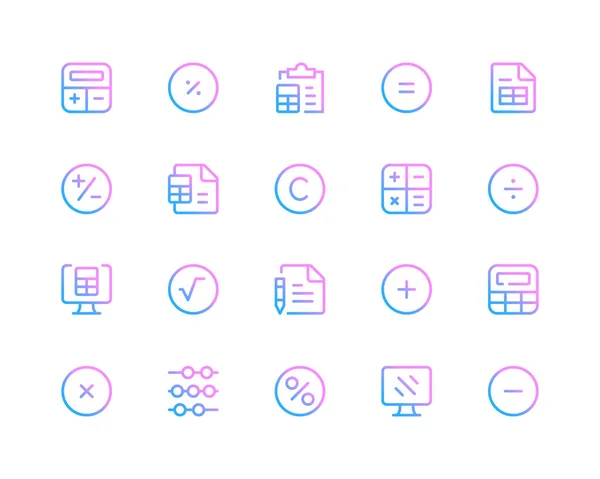 線のアイコンの計算 電卓用ピクトグラム 現代的なアウトラインシンボルコレクションのセット 最小限の細線設計 トレンディなグラデーションスタイルのグラフィック要素 ベクトルラインアイコンセット — ストックベクタ