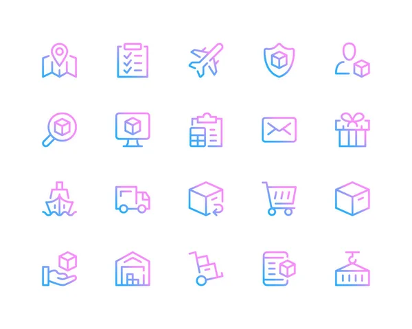 輸送線のアイコン 配送コンセプト 物流ピクトグラム 現代的なアウトラインシンボルコレクションのセット 最小限の細線設計 トレンディな線形グラデーションスタイルのグラフィック要素 ベクトルラインアイコンセット ロイヤリティフリーのストックイラスト