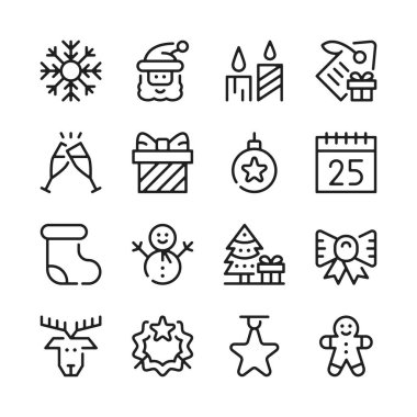 Noel çizgisi simgeleri ayarlandı. Modern grafik tasarım kavramları, basit ana hatlar ögeleri koleksiyonu. Vektör satırı simgeleri