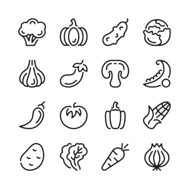 Sebze çizgisi simgeleri hazır. Modern grafik tasarım kavramları, basit ana hatlar ögeleri koleksiyonu. Vektör satırı simgeleri