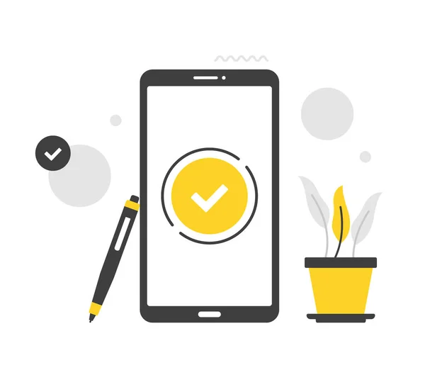 Marca Verificación Pantalla Del Teléfono Móvil Ilustración Vectorial Plana Smartphone — Archivo Imágenes Vectoriales