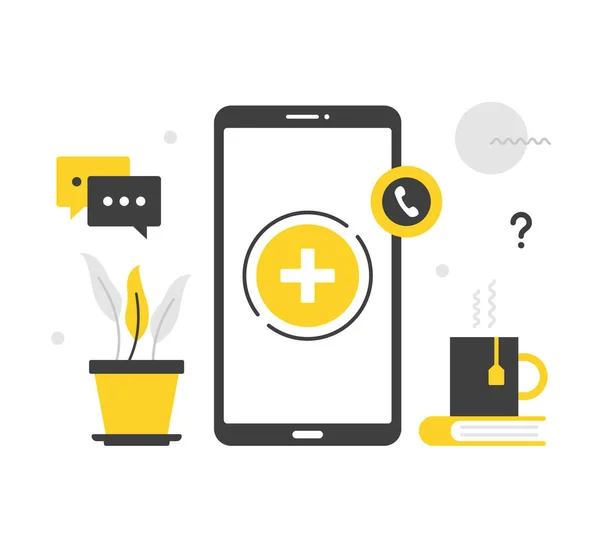 医療アプリ フラットベクトルイラスト 携帯電話と画面上の医師ボタンを呼び出します 医療支援 オンライン相談 医療サービス 現代的な概念 平面設計 — ストックベクタ