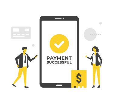 Başarılı bir ödeme. Cep telefonu ödemesi. Düz vektör çizimi. Millet, cep telefonu ve işaretler ekranda. Akıllı telefonla ödeme, para transferi, online alışveriş. Modern kavramlar. Düz tasarım