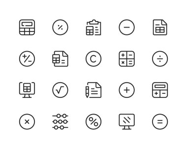 Calculator line icons. Arithmetic operations, mathematics. Outline symbols set. Thin line design graphic elements collection. Modern style concepts. Vector line icons set