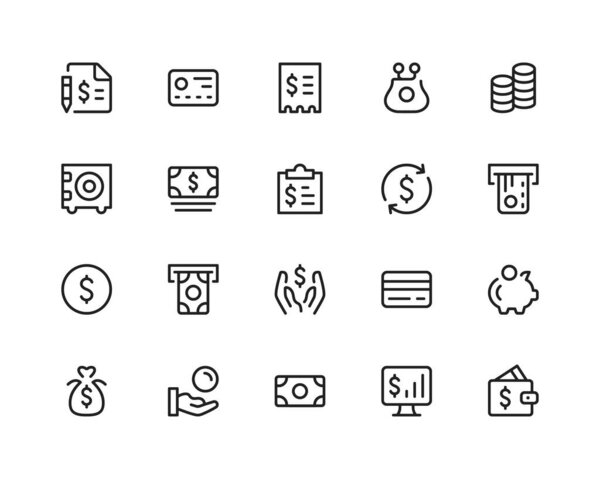 Financial line icons. Finance, business, banking. Outline symbols set. Thin line design graphic elements collection. Modern style concepts. Vector line icons set